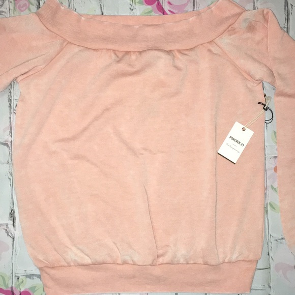 Off Shoulder Tie Cuff Fleece Top (Peach) - Picture 3 of 4